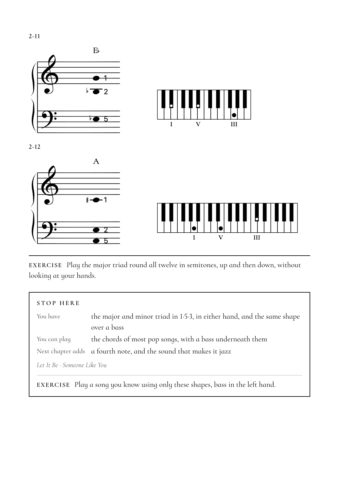 A book page showing a Stop here box followed by the opening of the chapter on seventh chords