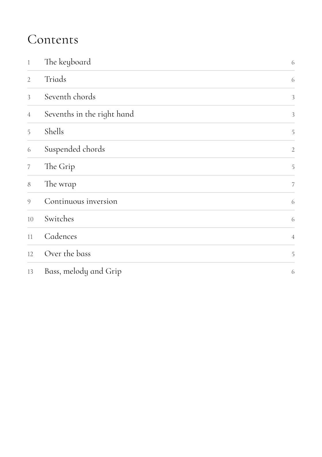 The table of contents of the book, listing both parts and all thirteen chapters