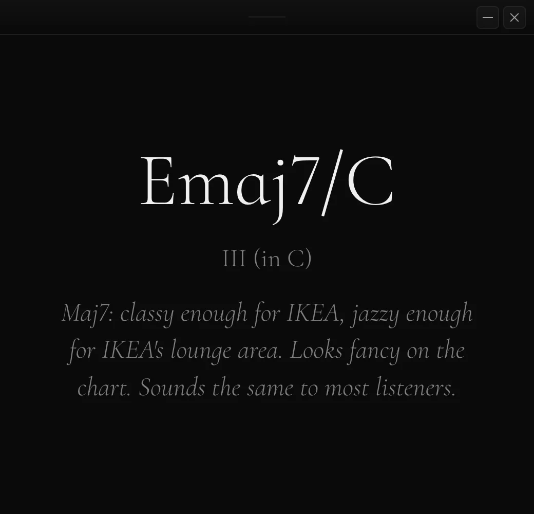 The chord window showing a joke underneath the chord