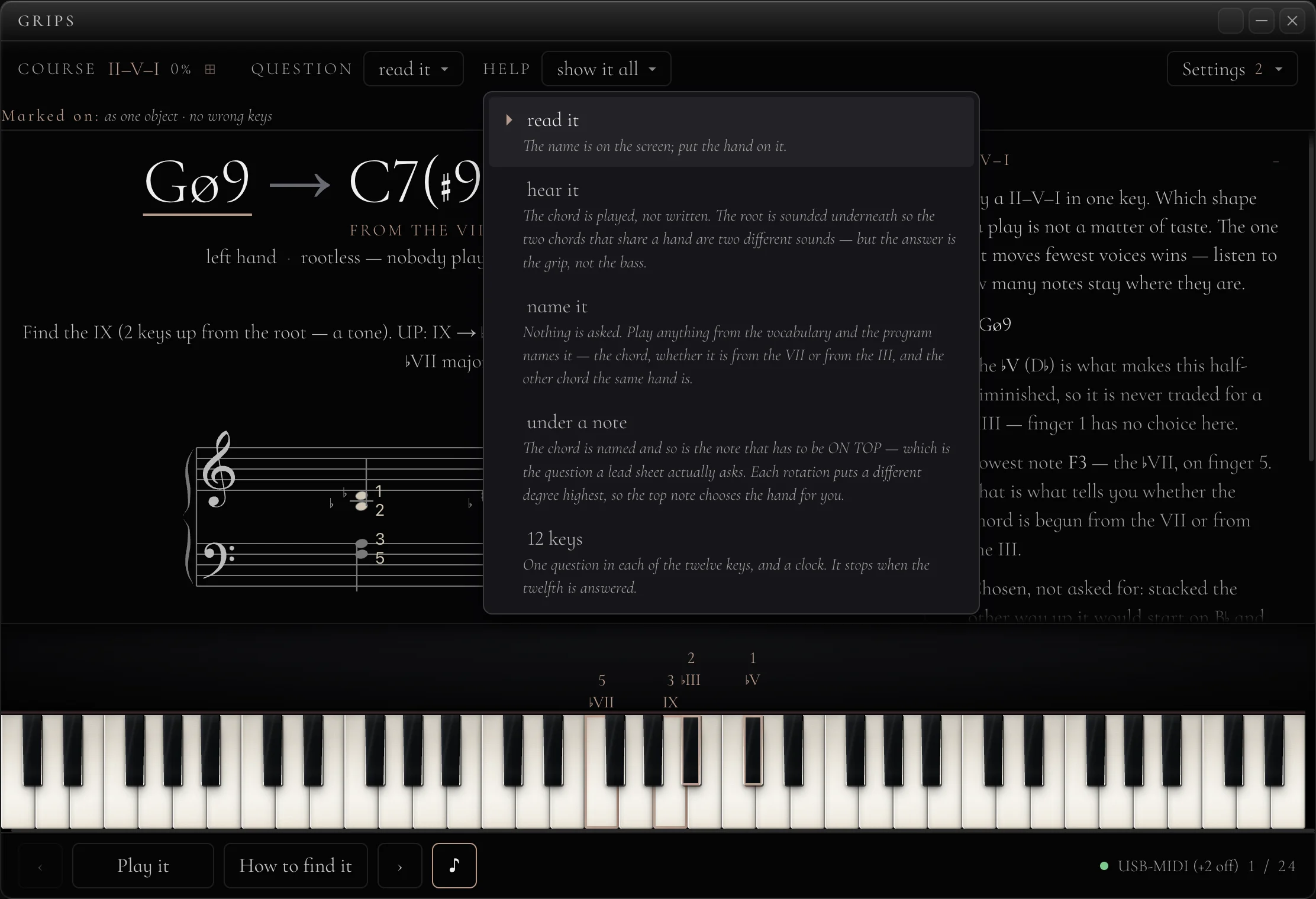 A cadence drill: three chords, the held notes carried between them