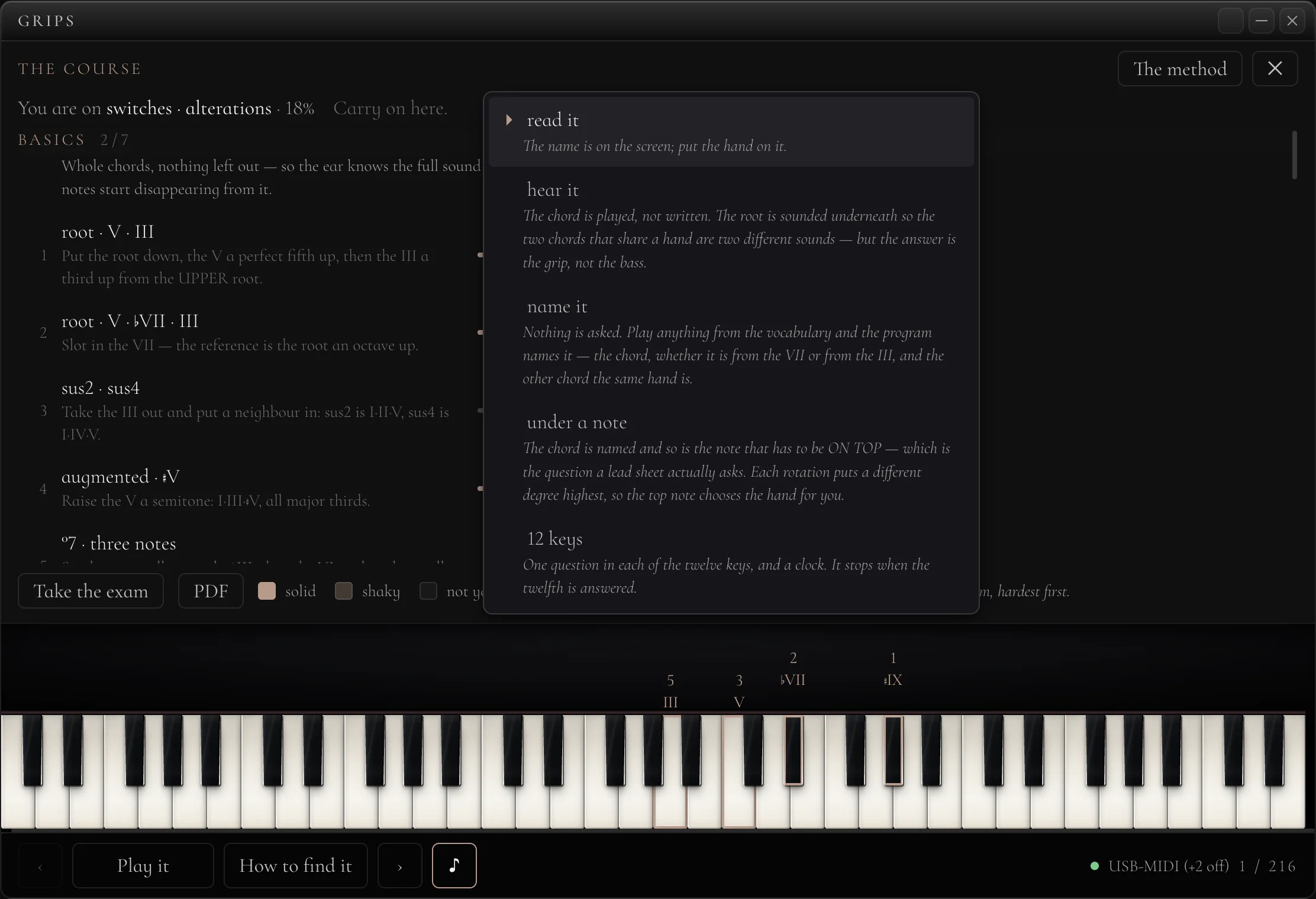 The course screen with a rung opened: twelve keys by hand shapes, each cell tracked