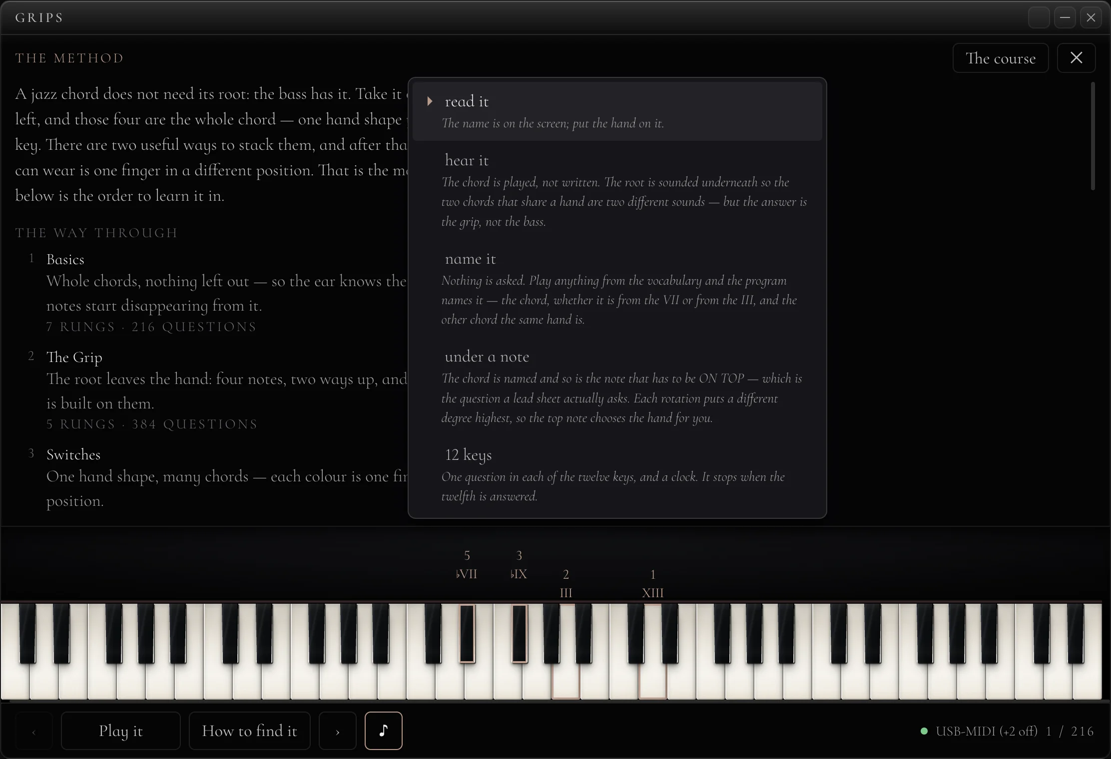 The Grips method screen: the idea, then the path through the course groups
