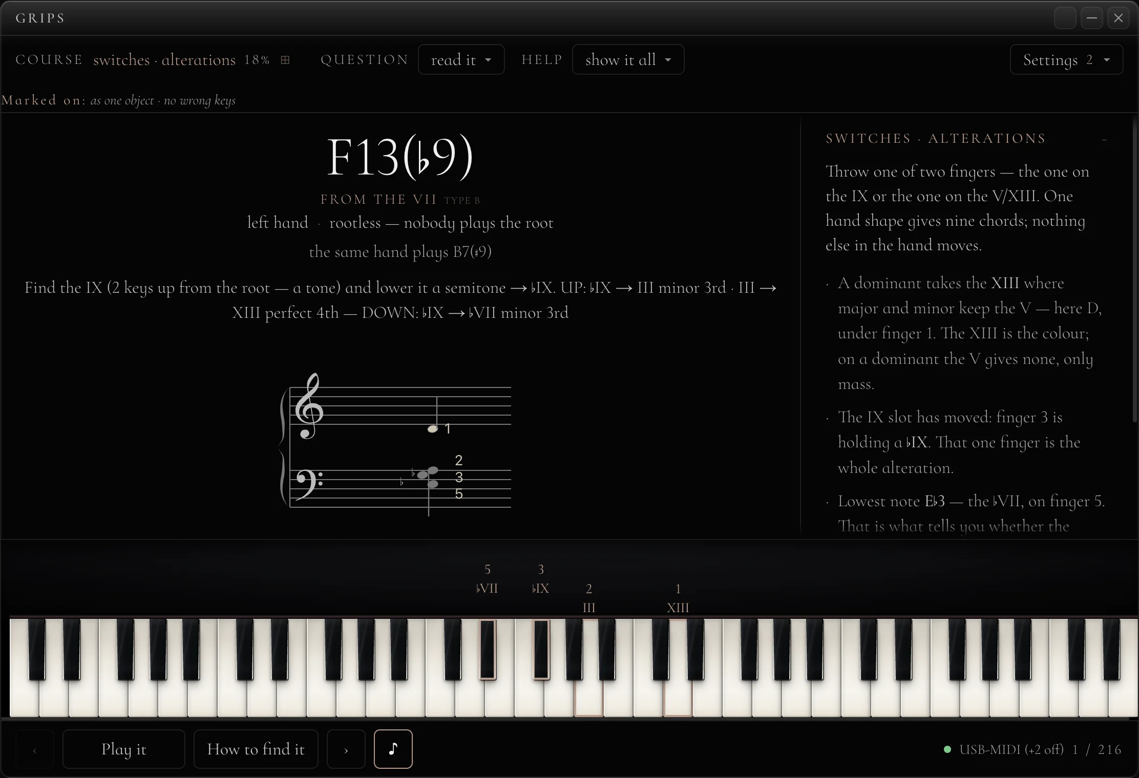 A Grips drill: D7(♯9♭13) from the VII — the staff, the fingering, the keyboard and the explanation panel