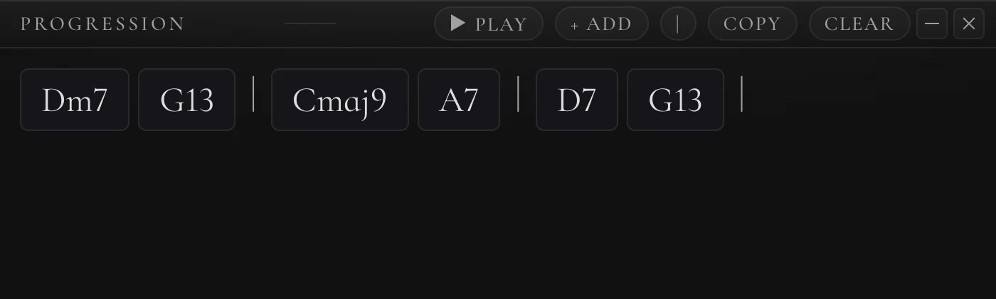 The progression window with a ii–V–I collected and barlines added