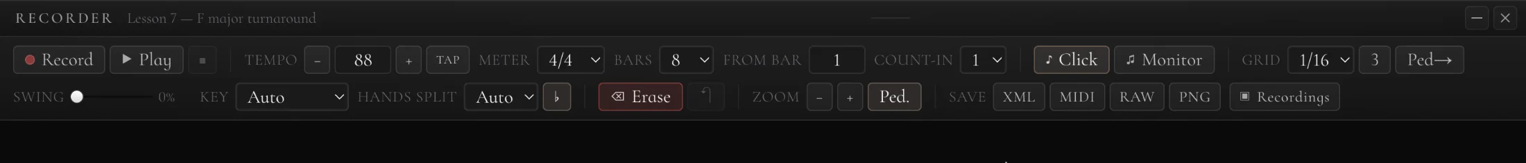 The Recorder control rail: tempo, meter, bars, punch-in bar, grid, swing, key, hand split, erase, undo