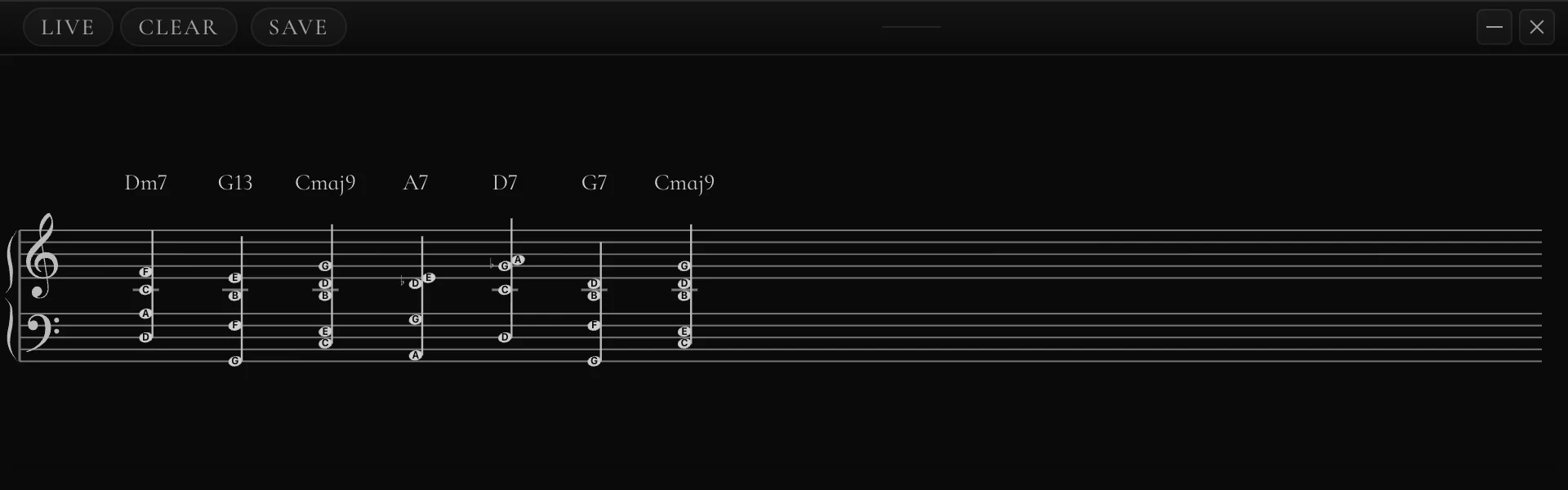 A ii–V–I and a turnaround written on the grand staff as they were played